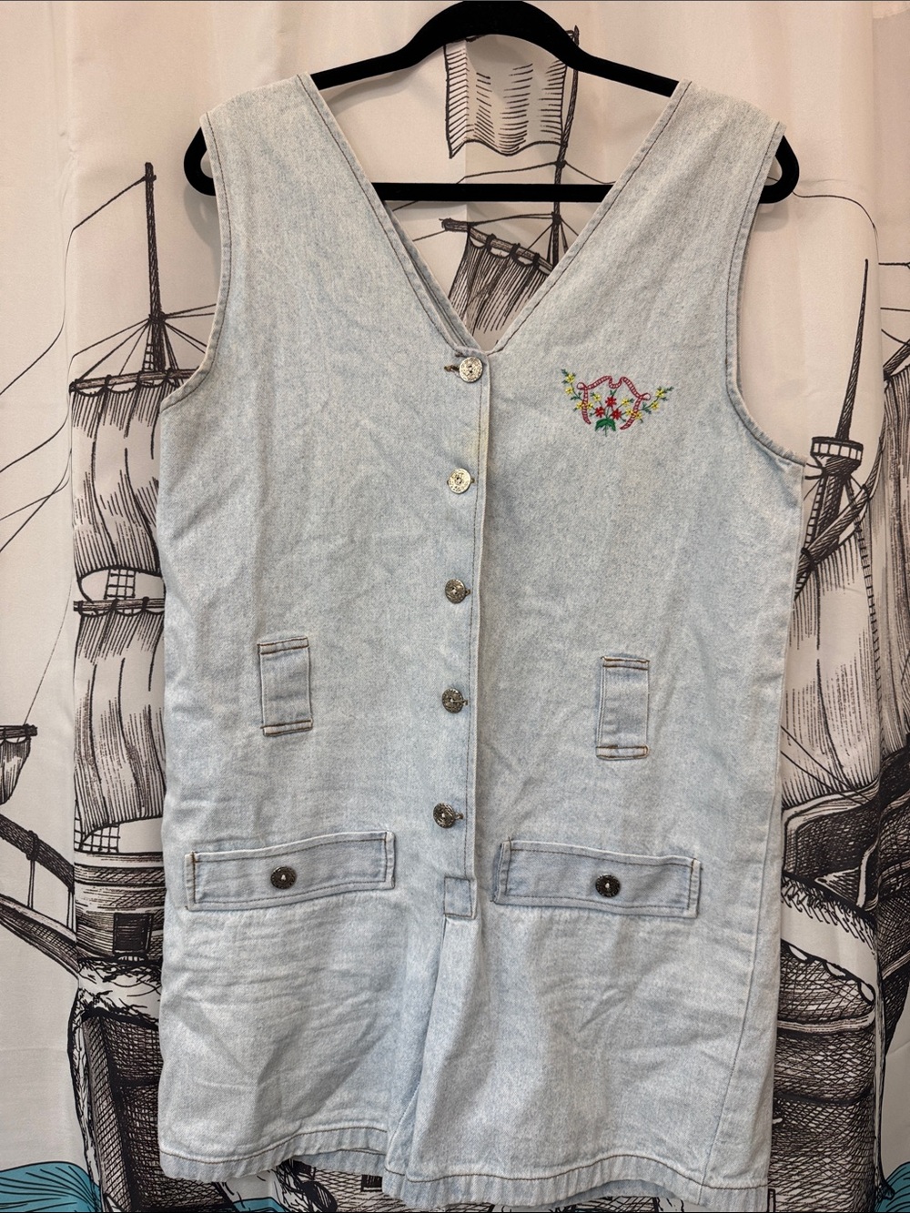 Light Wash Denim Button-Front Vest with Floral Embroidery